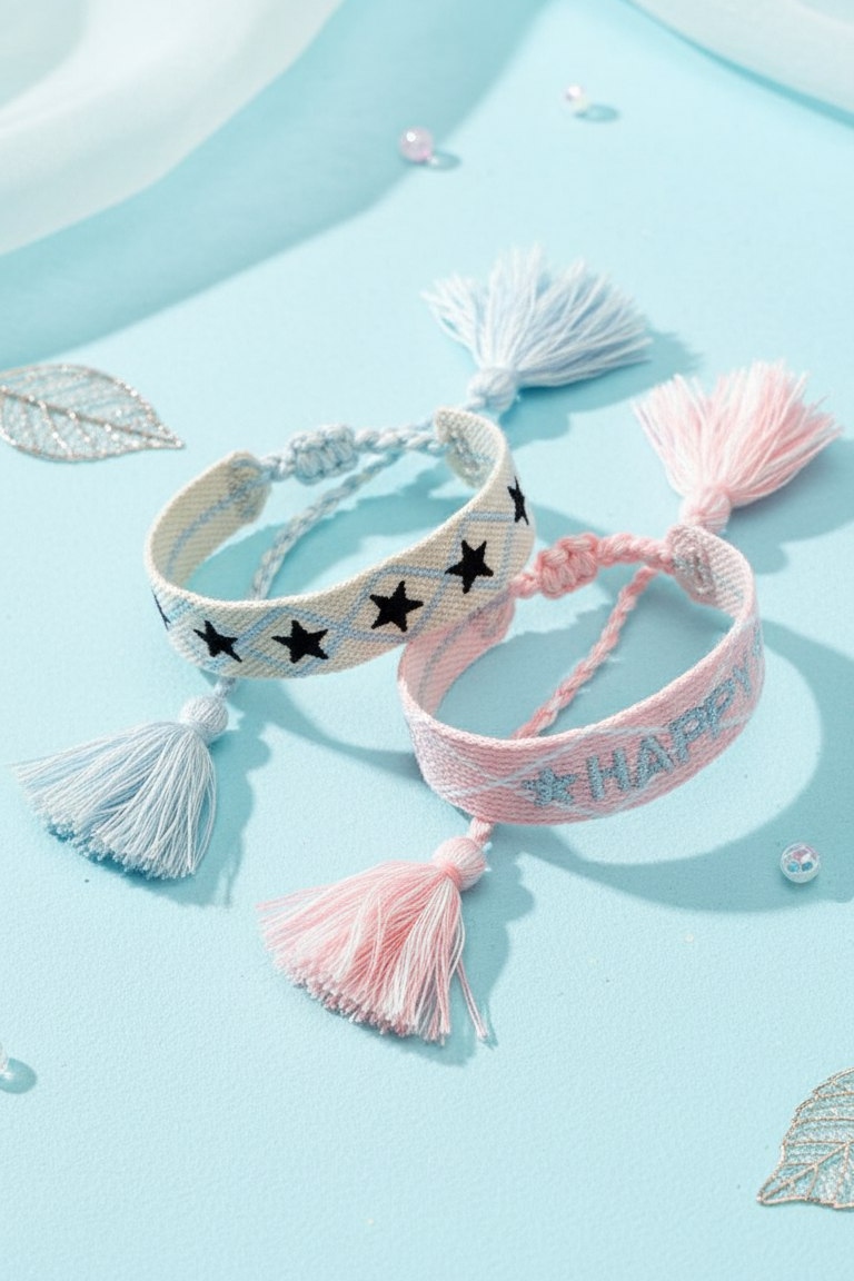 دستبند اورجینال اسپرت نخی بافت منگوله‌دار طرح هپی و ستاره رنگ صورتی و آبی