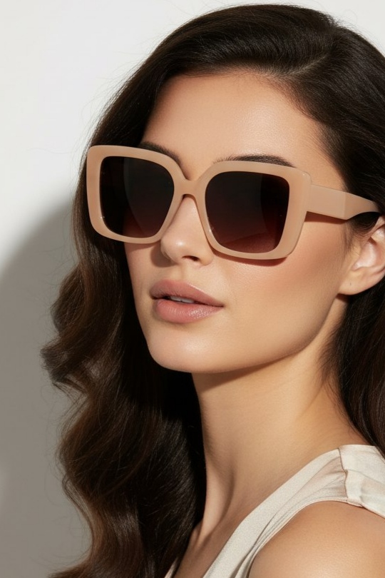 عینک آفتابی زنانه اورجینال فلت مربعی گوشهدار اورسایز رنگ نود کرم نسکافهای